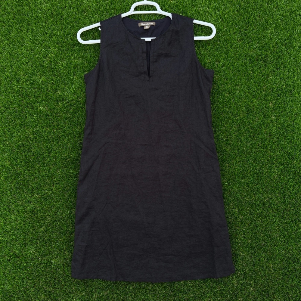 Tommy Bahama Women Black 100% Linen Mini Dress Sleeveless Split Neck Cottage Sm